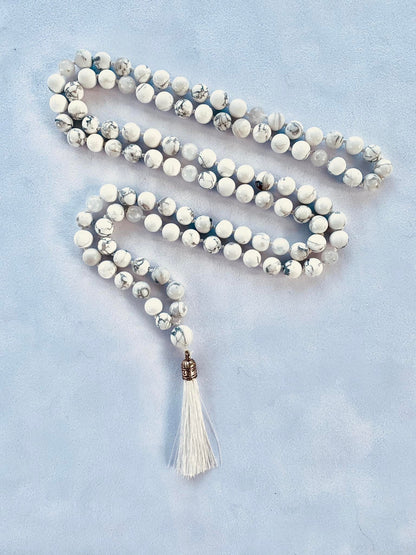 Lusaris Mala - Serenity - White Howlite Polished and Matte, Rainbow Moonstone