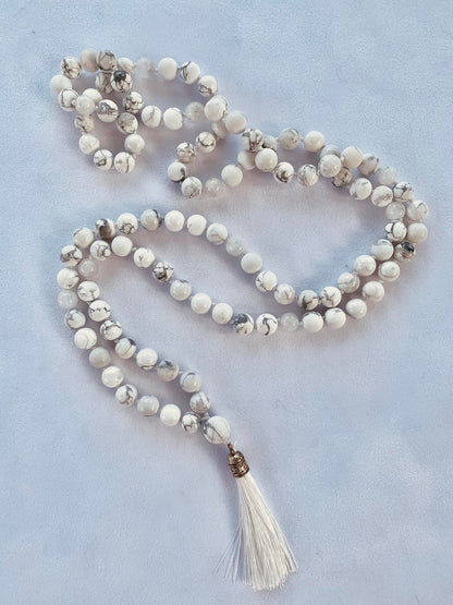 Lusaris Mala - Serenity - White Howlite Polished and Matte, Rainbow Moonstone