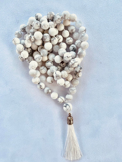 Lusaris Mala - Serenity - White Howlite Polished and Matte, Rainbow Moonstone