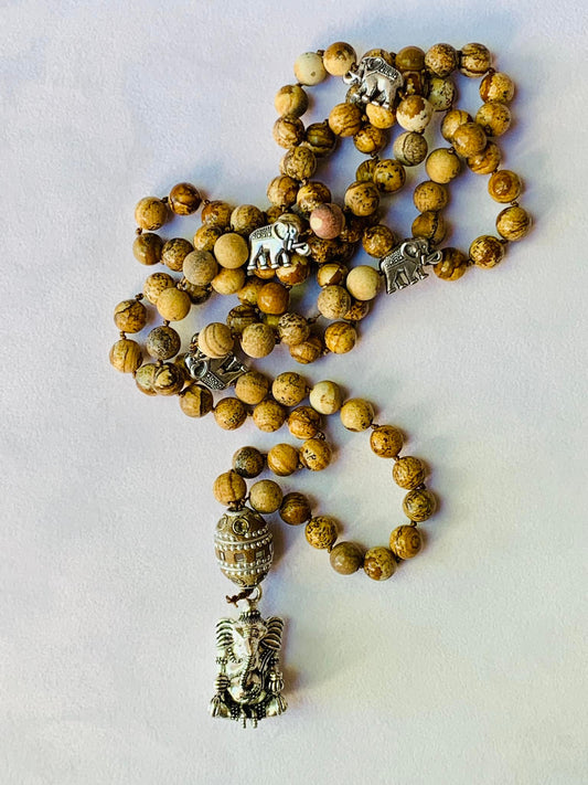 Nisaba Mala - Worldly Knowledge - Picture Jasper, Elephant Beads and "Tassel," Tibetan Guru
