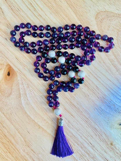 Nyx Mala- Nighttime Manifestation - Amethyst, Rainbow Obsidian, "Stardust" Beads