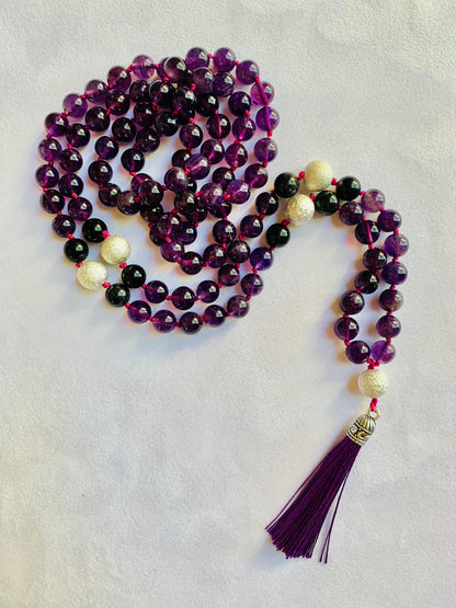 Nyx Mala- Nighttime Manifestation - Amethyst, Rainbow Obsidian, "Stardust" Beads