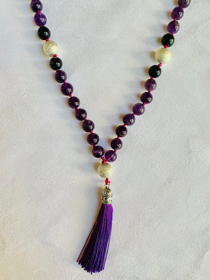 Nyx Mala- Nighttime Manifestation - Amethyst, Rainbow Obsidian, "Stardust" Beads